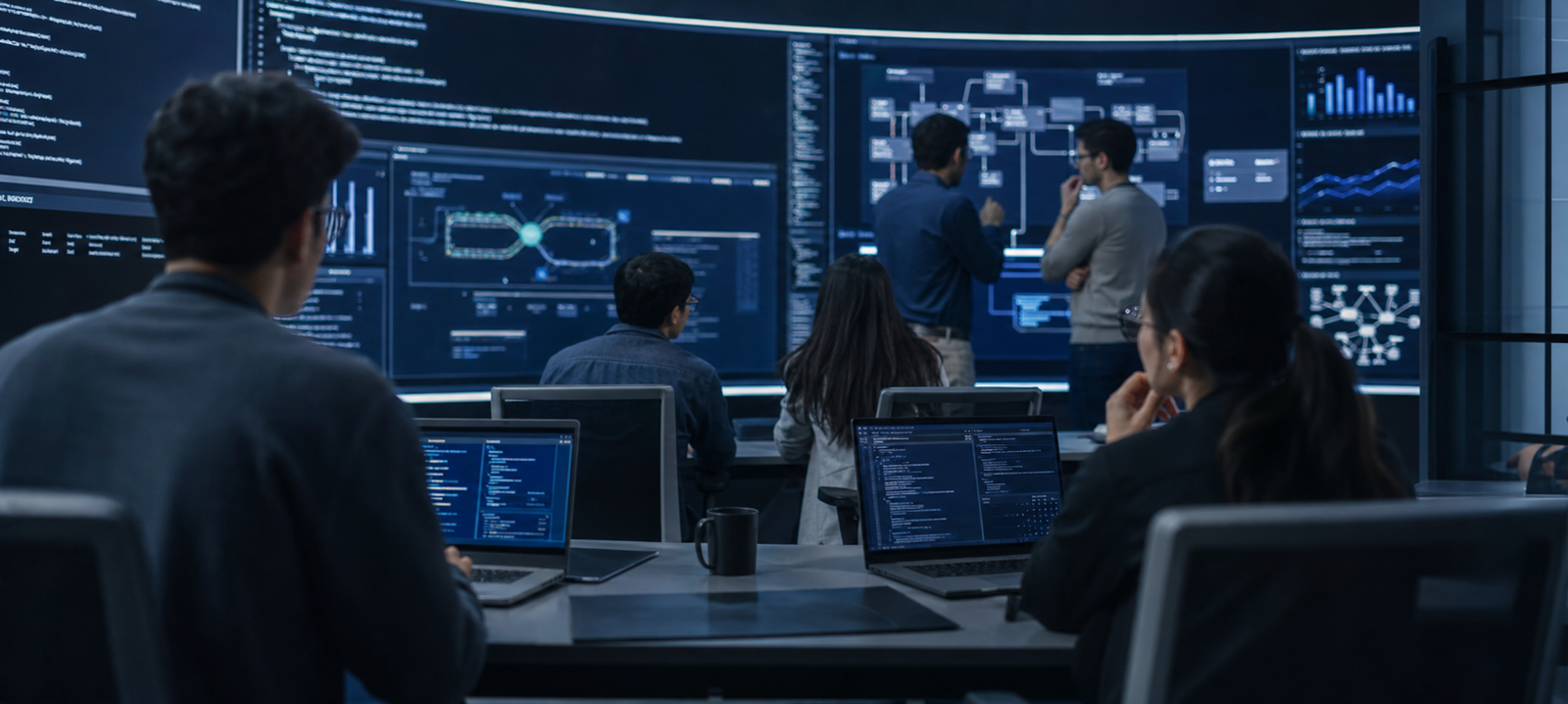 Software engineers reviewing code and architecture during a workshop