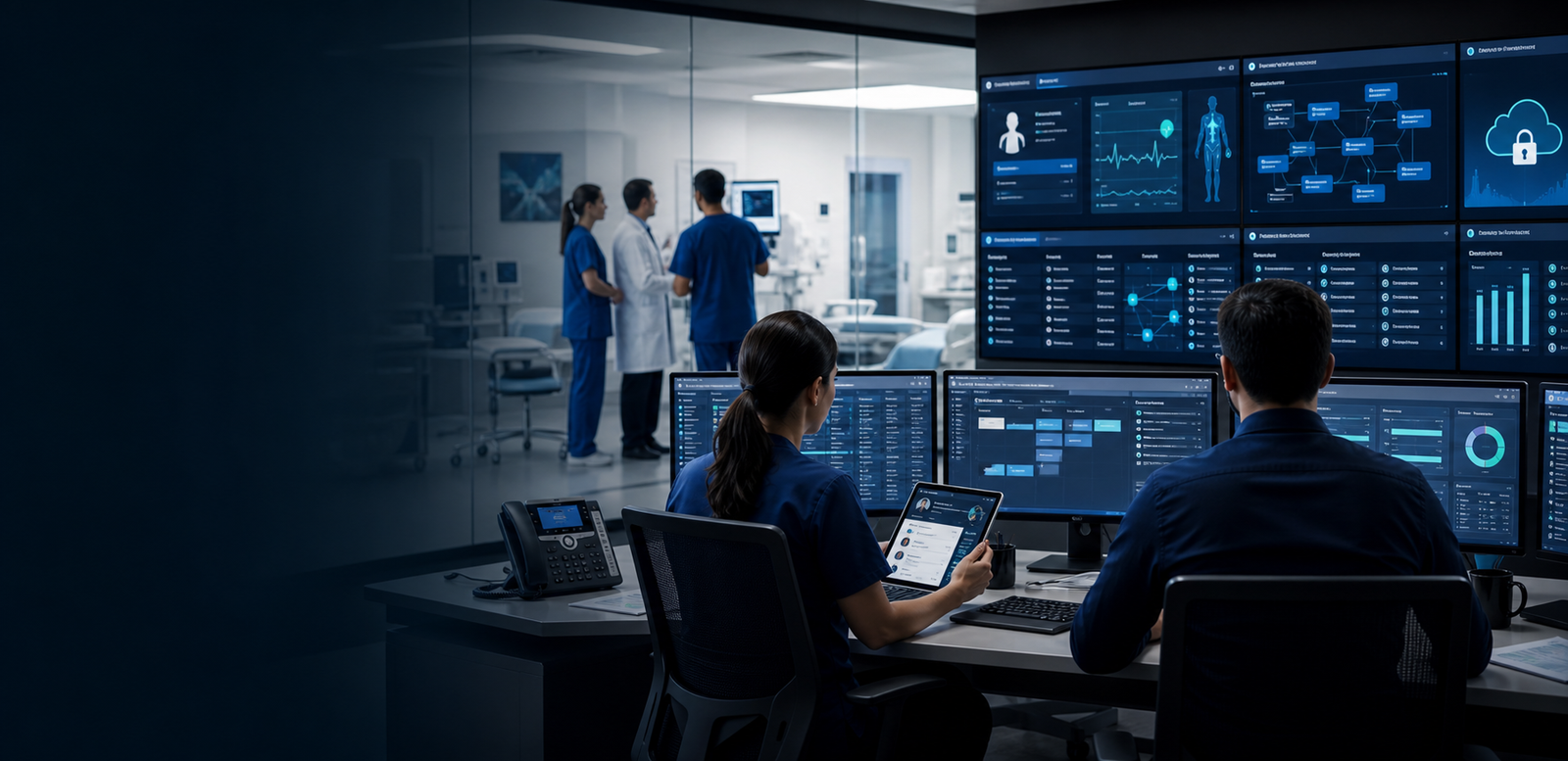 Healthcare software team reviewing patient workflow dashboards