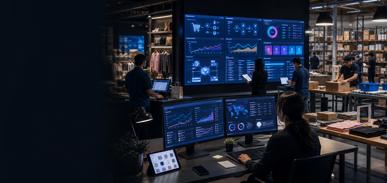 Retail and e-commerce operations hub with software dashboards