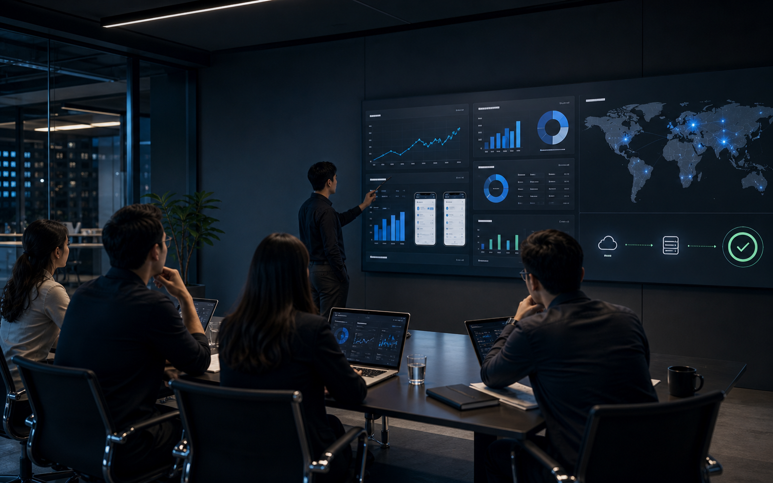Software team presenting product outcomes on dashboards