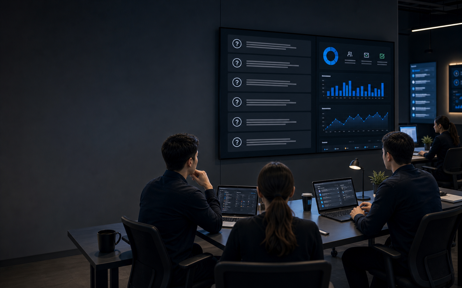 Software support team reviewing client questions