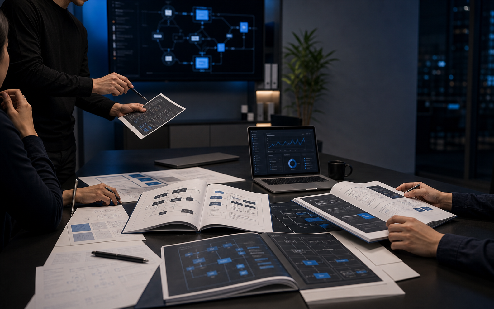 Software strategy room with product playbooks and diagrams