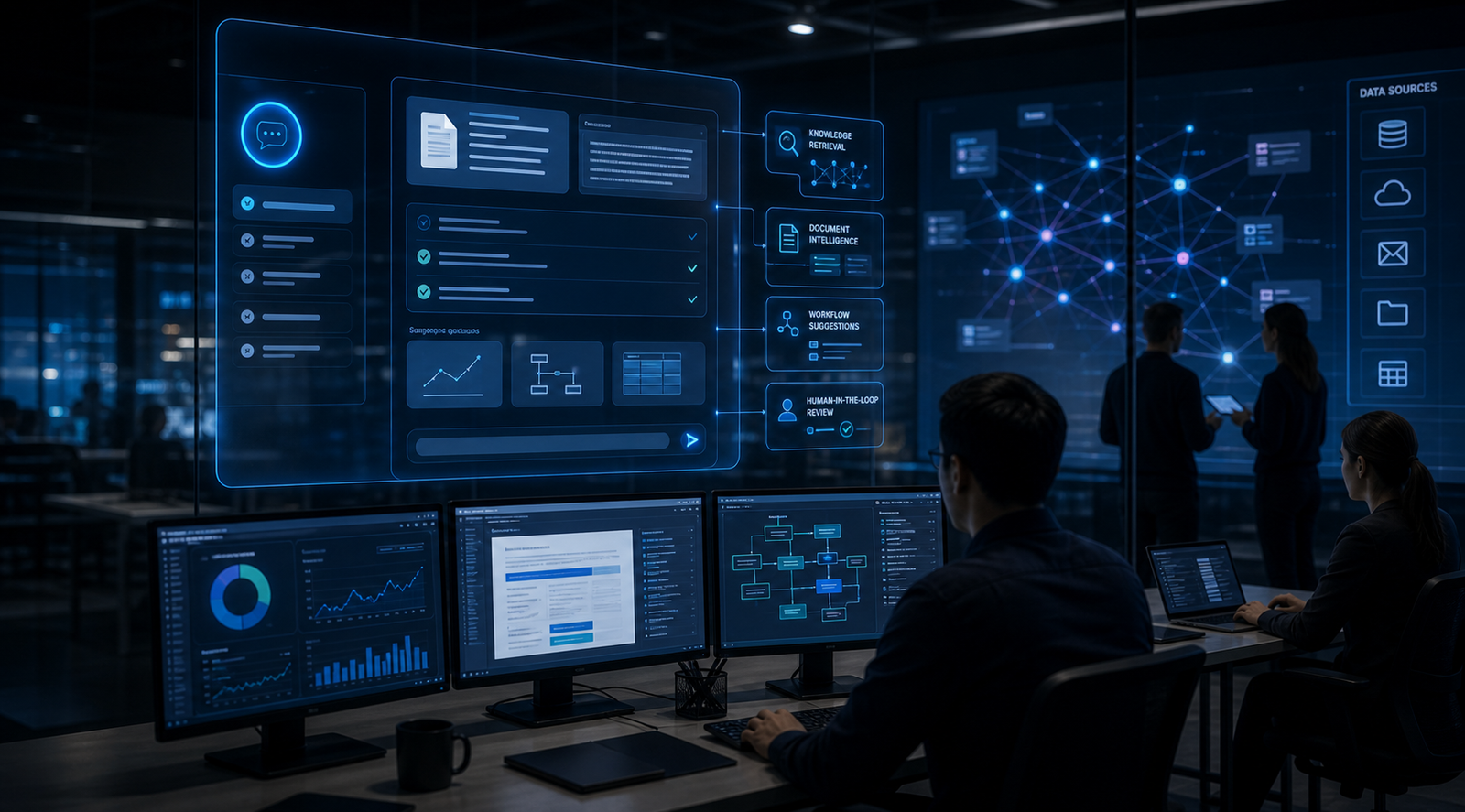 AI copilot workspace with knowledge retrieval, review states, and workflow suggestions
