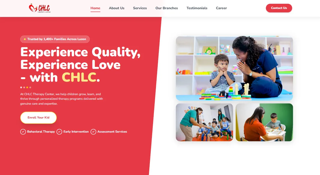 CHLC Therapy Center website homepage with enrollment call to action and therapy photos
