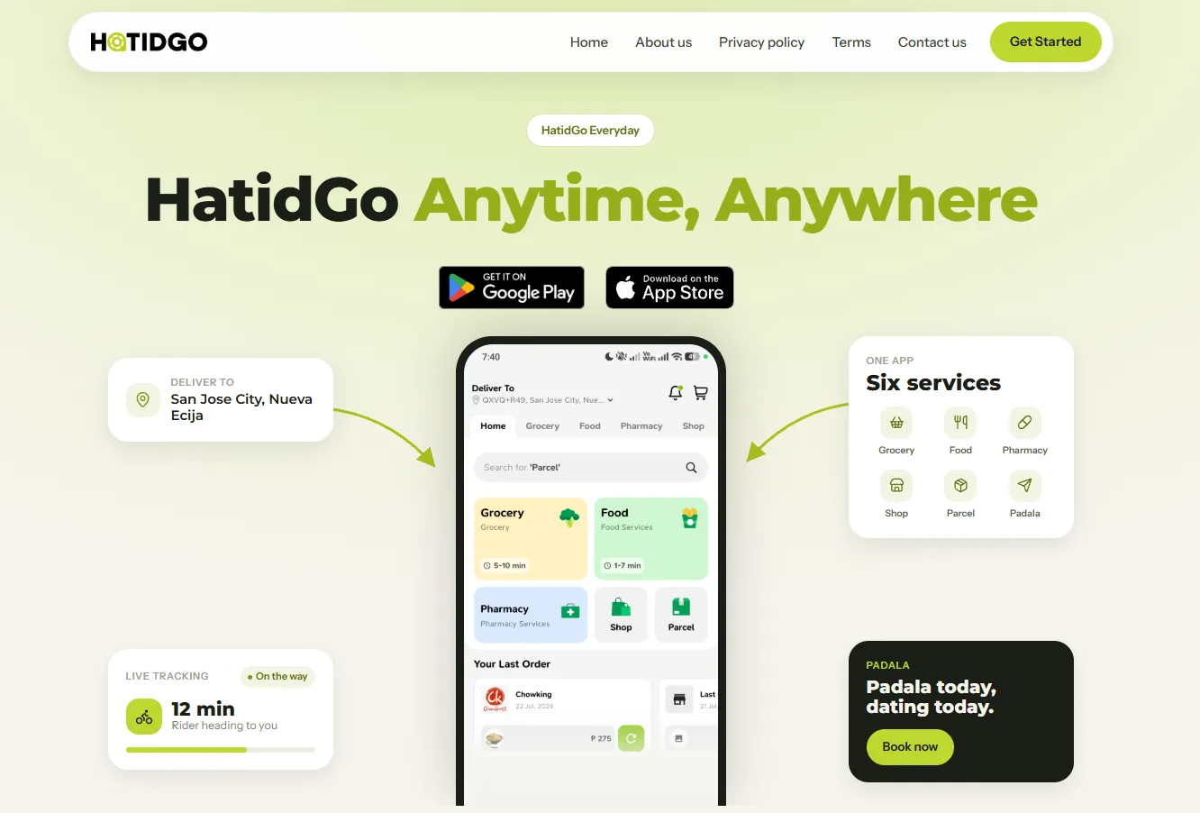 HatidGo app landing page showing the delivery app home screen and its six services