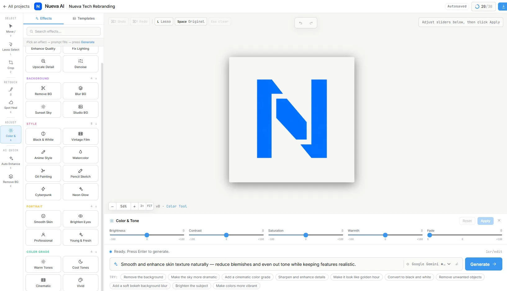 Nueva AI editor with one-click effects and plain-English edits powered by Google Gemini